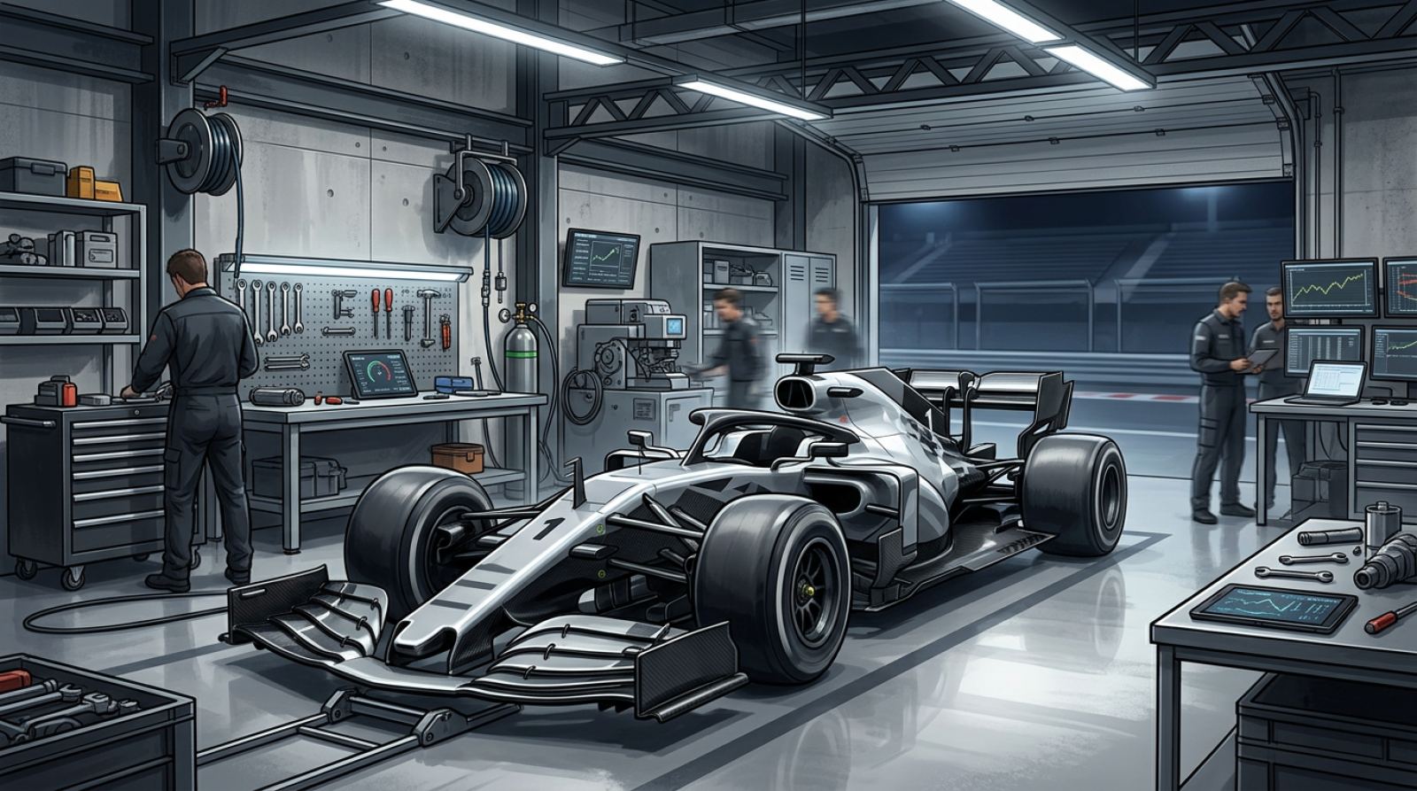 银黑色无标识赛车与维修间构成的F1车队建设AI示意图